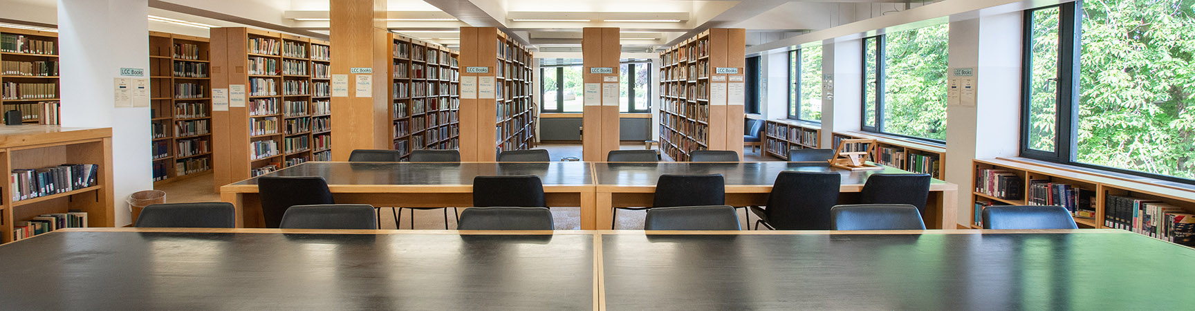 Two long rows of desks