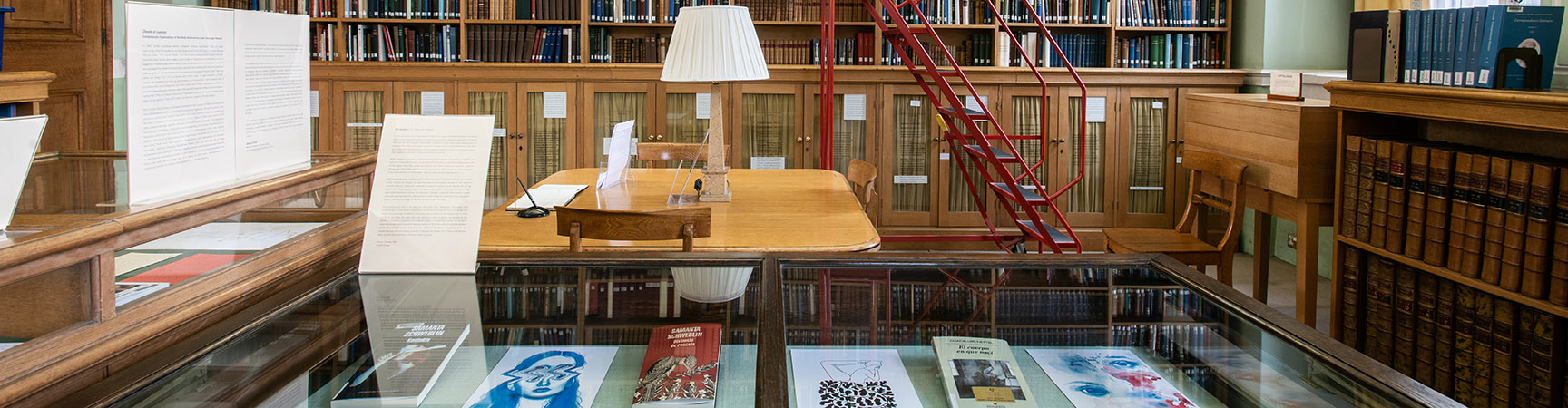 A display of 2D paper items laid down in a glass-covered case