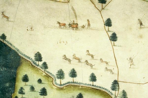 Manuscript map of enclosed land with details of trees, animals and people