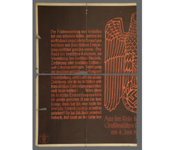 A portrait black poster - there is red writing and - on the far right - is one half of a decorative bird (an eagle).