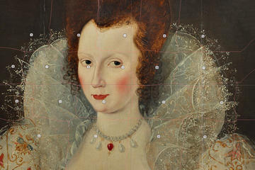A portrait of a woman wearing a ruff and an embroidered dress; the image is covered in a matrix of dots