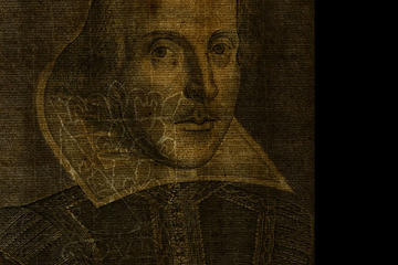 A painting of Shakespeare, darkened to show other details on top of the image